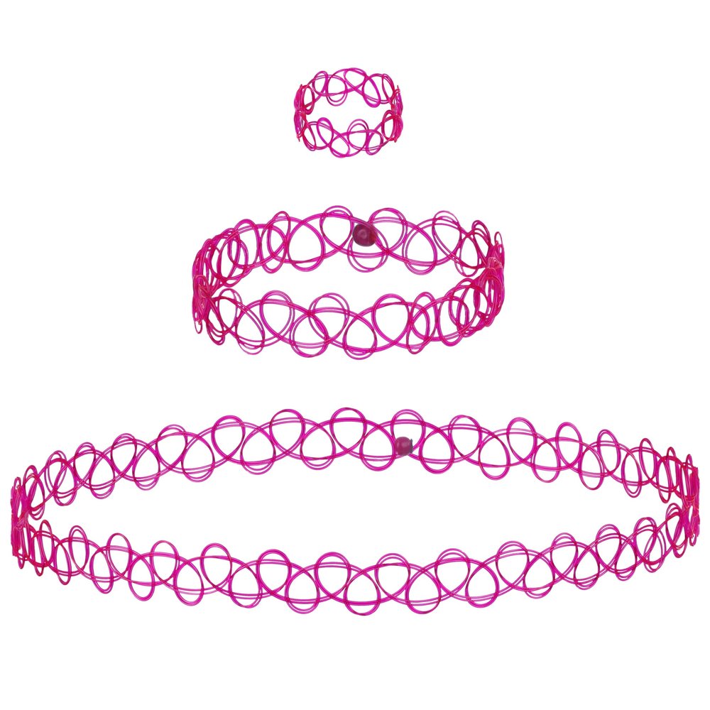 EXPRESSIONS 3pc Assorted Tattoo Stretch Jewelry Collection - PInk Tattoo Choker Necklace, Bracelet & Ring Set - Stretchy Tattoo Effect Jewelry Accessories For Kids And Adults