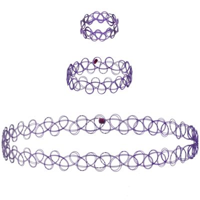 EXPRESSIONS 3pc Assorted Tattoo Stretch Jewelry Collection - Purple Tattoo Choker Necklace, Bracelet & Ring Set - Stretchy Tattoo Effect Jewelry Accessories For Kids And Adults