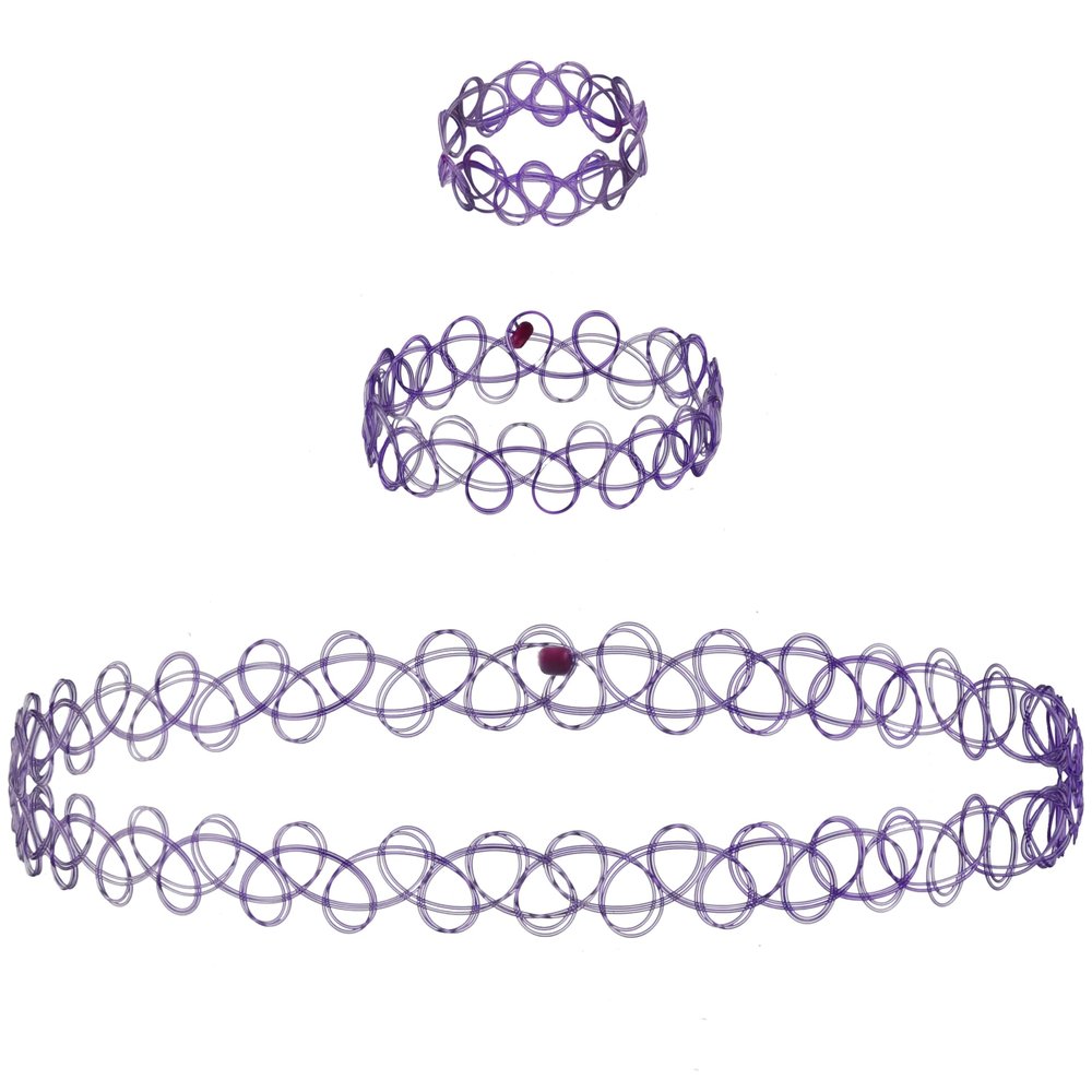 EXPRESSIONS 3pc Assorted Tattoo Stretch Jewelry Collection - Purple Tattoo Choker Necklace, Bracelet & Ring Set - Stretchy Tattoo Effect Jewelry Accessories For Kids And Adults
