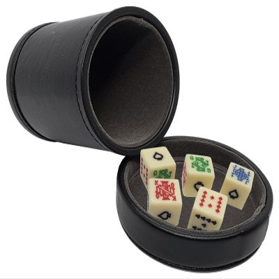 Black PU Leather Dice Cup Dark Grey Felt Lined w/Lid Tray Ivory Tone Poker Dice