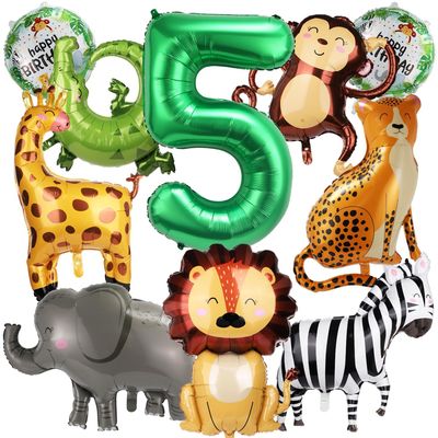 10pcs Jungle Safari Animal Balloons, Cute Jungle Theme Zoo Party Supplies Monkey Elephant Zebra Leopard Crocodile Giraffe Shaped for Birthday Party Decor (Number 5)