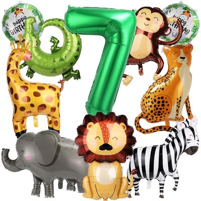10pcs Jungle Safari Animal Balloons, Cute Jungle Theme Zoo Party Supplies Monkey Elephant Zebra Leopard Crocodile Giraffe Shaped for Birthday Party Decor (Number 7)