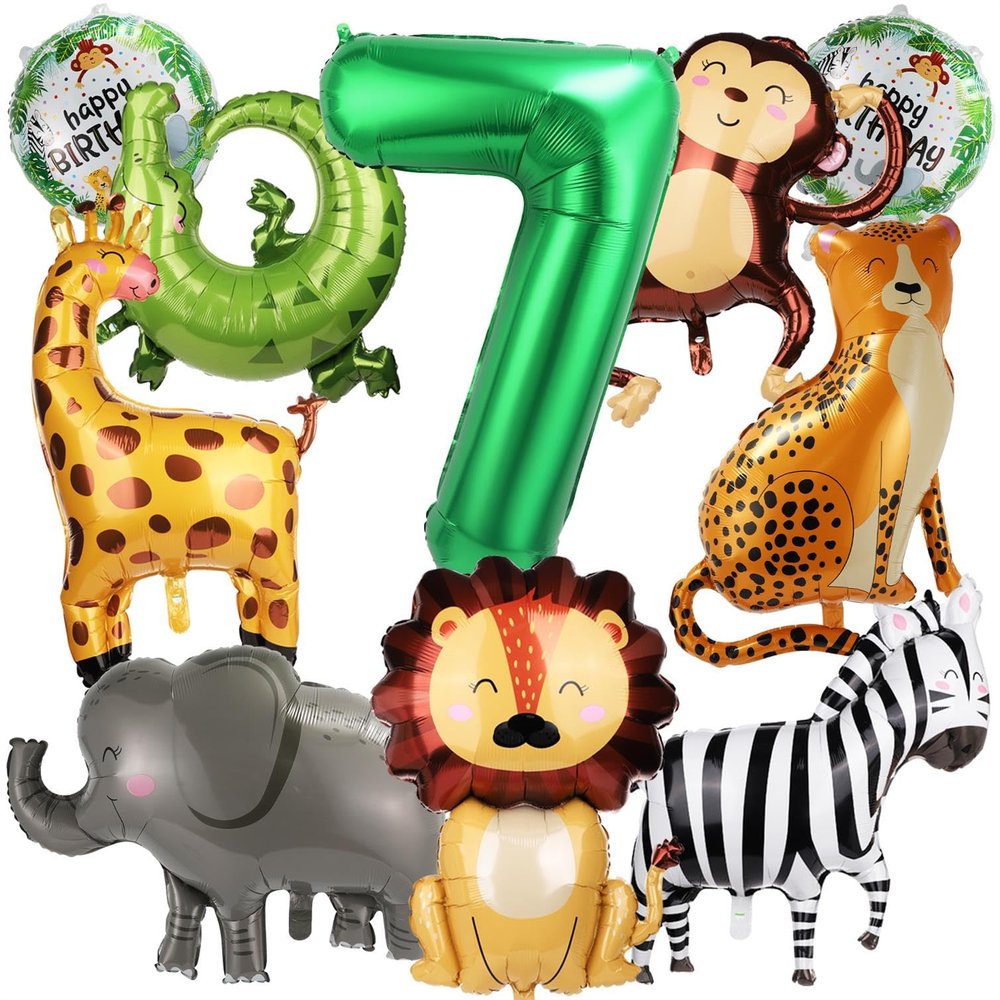 10pcs Jungle Safari Animal Balloons, Cute Jungle Theme Zoo Party Supplies Monkey Elephant Zebra Leopard Crocodile Giraffe Shaped for Birthday Party Decor (Number 7)
