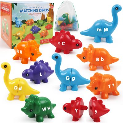 26 PCS Alphabet Dinosaurs Matching Toy, Toddlers ABC Learning Dinosaurs with Uppercase Lowercase, Match and Snap Fine Motor Game Preschool Learning Activities Thank You Valentine's Gifts for Kids