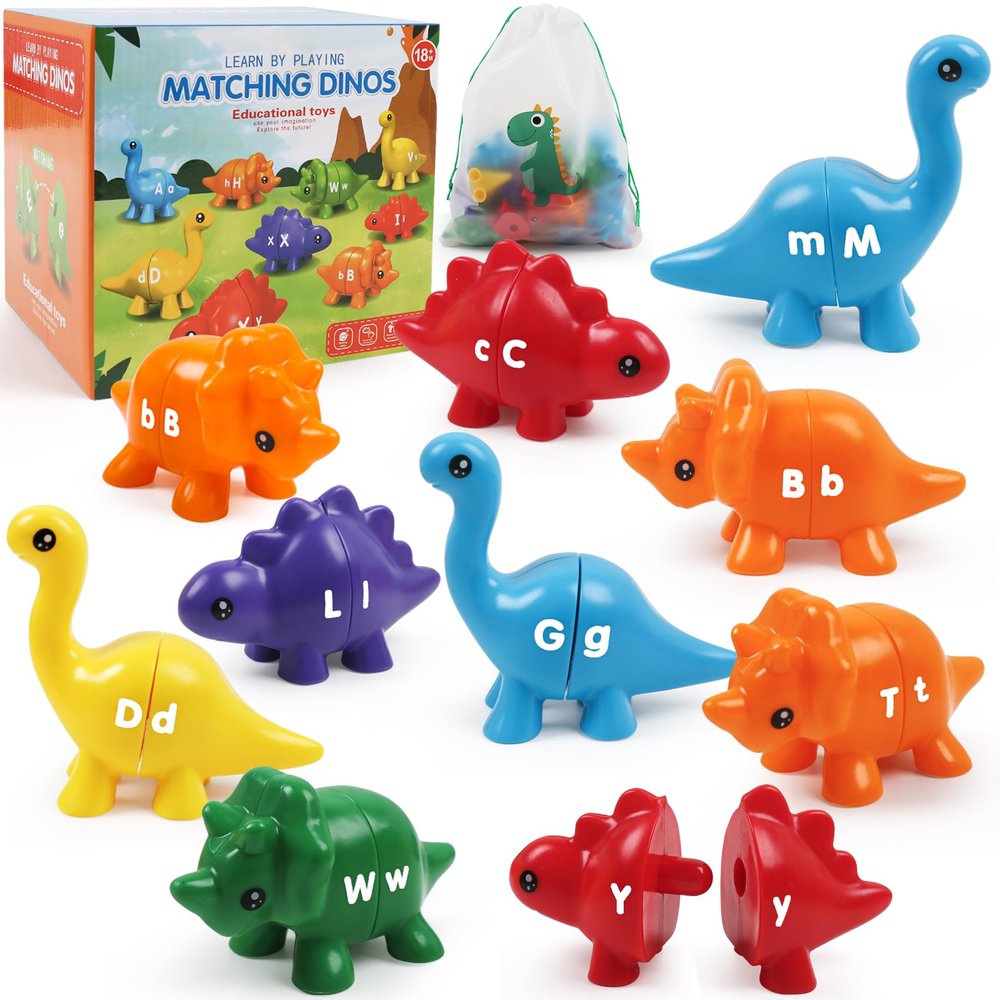 26 PCS Alphabet Dinosaurs Matching Toy, Toddlers ABC Learning Dinosaurs with Uppercase Lowercase, Match and Snap Fine Motor Game Preschool Learning Activities Thank You Valentine's Gifts for Kids