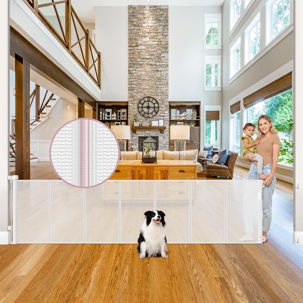 100" Wide Retractable Baby Gate Extra Wide Dog Gates with Reinforced Strip - Prevent Crawling Under Retractable Pet Gate Outdoor/Indoor Dog Gate, Mesh Gate Wide Baby Gates for Large Openings, White