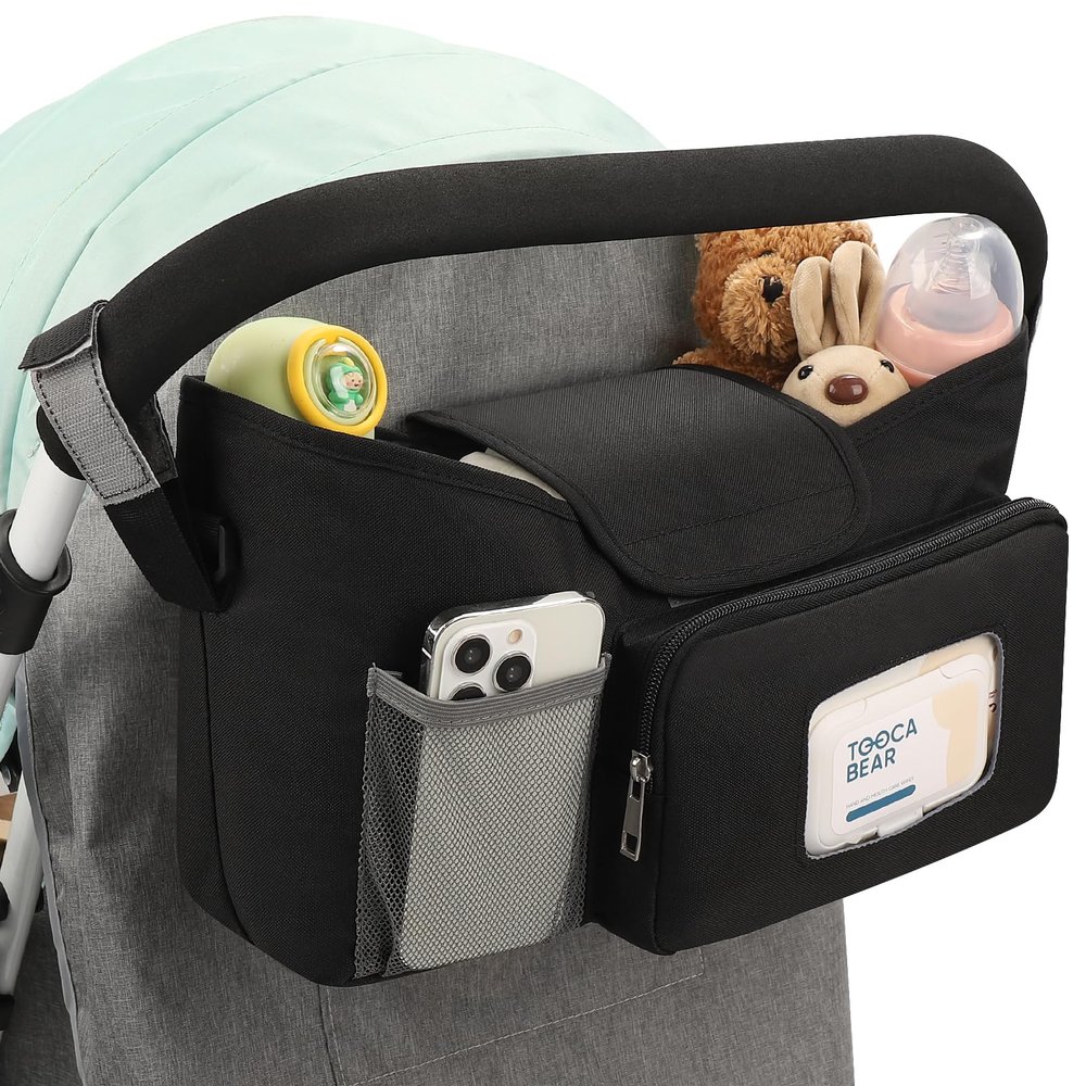 Accmor Universal Stroller Organizer with Insulated Cup Holder, Stroller Caddy Bag Accessories, Stroller Cup Holder Organizer for Uppababy Baby Jogger Britax Stroller, Black