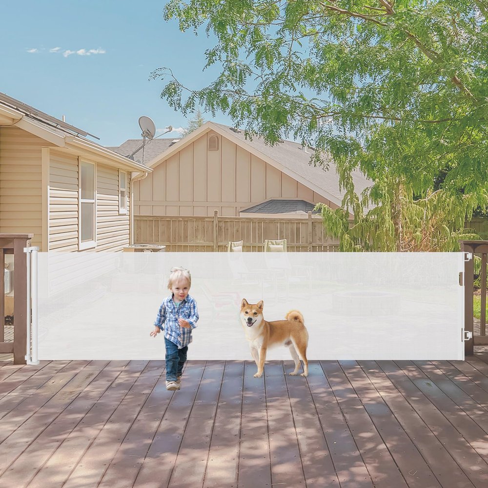 140 Inch Wide Retractable Baby Gates Retractable Dog Gate for Large Openings, Extra Wide Baby Gates for Dogs Indoor Retractable Gate Outdoor Pet Gate, Mesh Gates for Kids or Pets Dog Fence, White