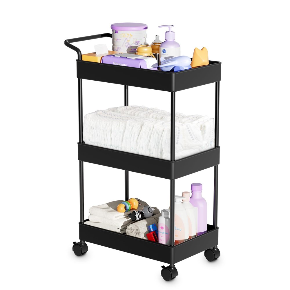 Volnamal Baby Diaper Caddy  Plastic Diaper Organizer for Nursery Essentials, Movable Cart for Changing Table & Crib, Easy to Assemble, Black