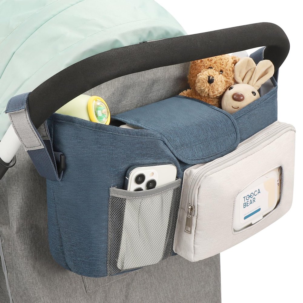 Accmor Universal Stroller Organizer with Insulated Cup Holder, Stroller Caddy Bag Accessories, Stroller Cup Holder Organizer for Uppababy Baby Jogger Britax Stroller, Blue