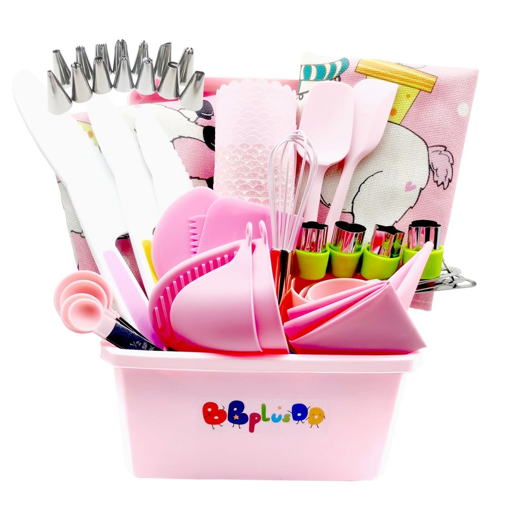BBplusDD 76 Pcs Kids Real Baking and Cooking Sets - Parent-Child Apron Cake Decorating Kit Piping Bags and Tips Set Kitchen Utensils with Storage Case for Child Junior Chefs 3+ (Pink)