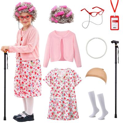 Watlie 100 Days of School Costume for Girls, Old Lady Costume for Kids, Granny Grandma Dress Up