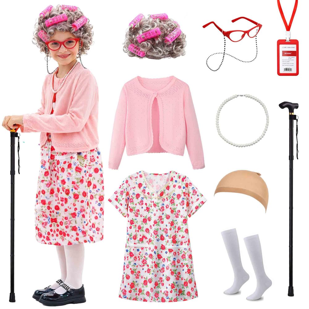 Watlie 100 Days of School Costume for Girls, Old Lady Costume for Kids, Granny Grandma Dress Up