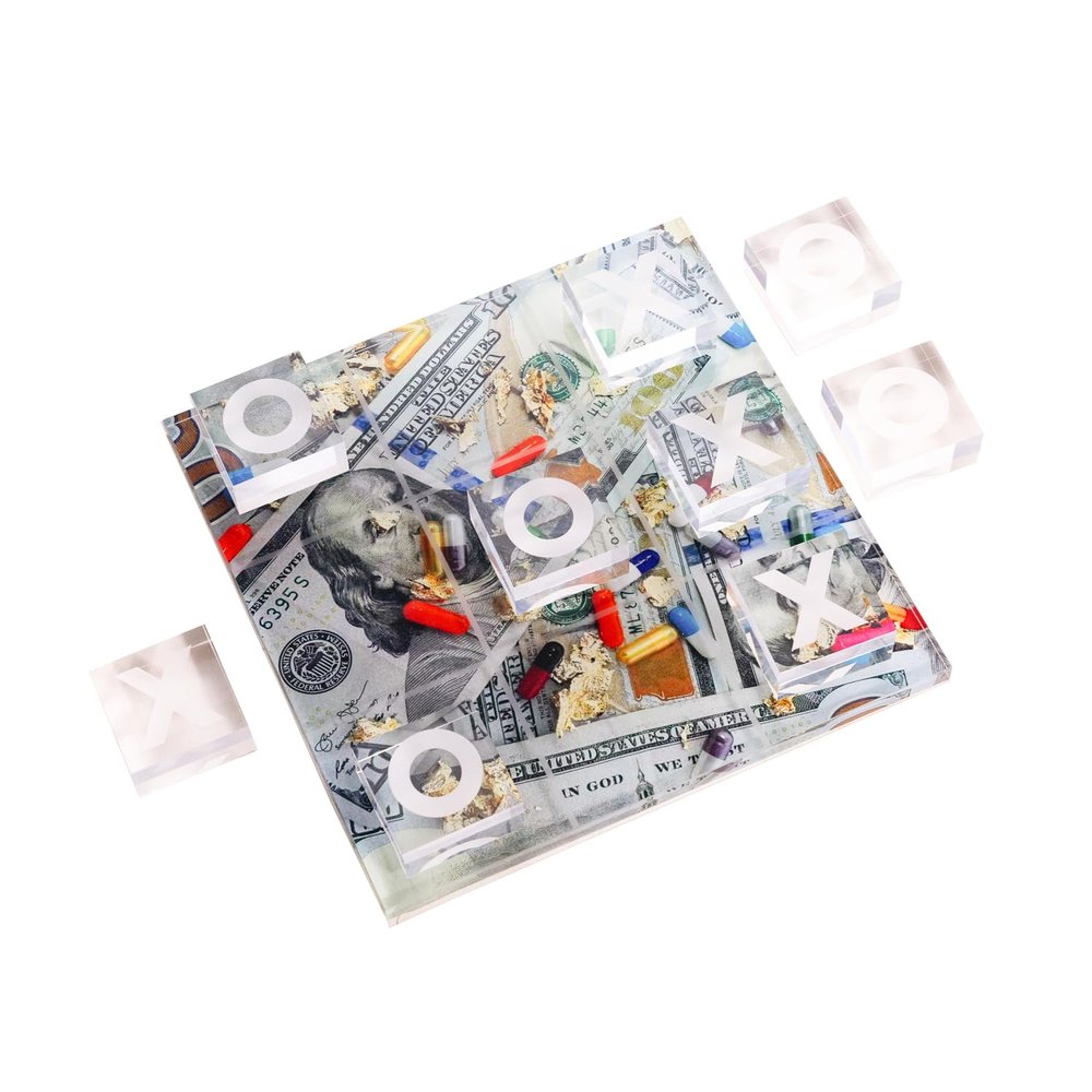 Bey-Berk Miami Acrylic Tic Tac Toe Set, 8" x 8" Clear Board with Currency Artwork and Colorful Capsule Accents, Modern Statement Game Dcor