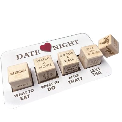 LINASHI Romantic Couples Gifts for Her Him-5 Engraved Wooden Date Night Dice-Great Idea for Dinner,Takeout Game,Movie,Wedding, Anniversary,Adult Fun Games for Couples. Wooden Color