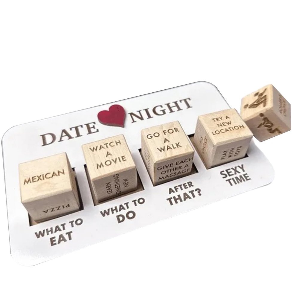 LINASHI Romantic Couples Gifts for Her Him-5 Engraved Wooden Date Night Dice-Great Idea for Dinner,Takeout Game,Movie,Wedding, Anniversary,Adult Fun Games for Couples. Wooden Color