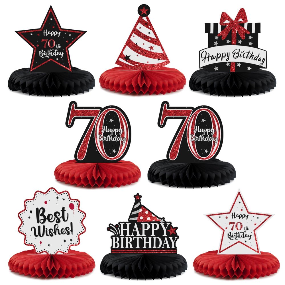 LASKYER Happy 70th Birthday Decorations,70th Bday Red Glitter Shiny Stand Honeycomb Table Centerpieces - Cheers to Seventy Years Old Birthday Party Photoprop Gift Sign.