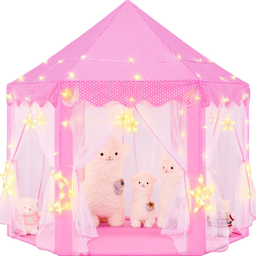 CUBNBUD Princess Tent with Large Star Lights for Girls Age 4-7, Kids Play Tent for Girls Indoor, Castle Playhouse for Toddlers, Pink Princess Toy 55x53 inch