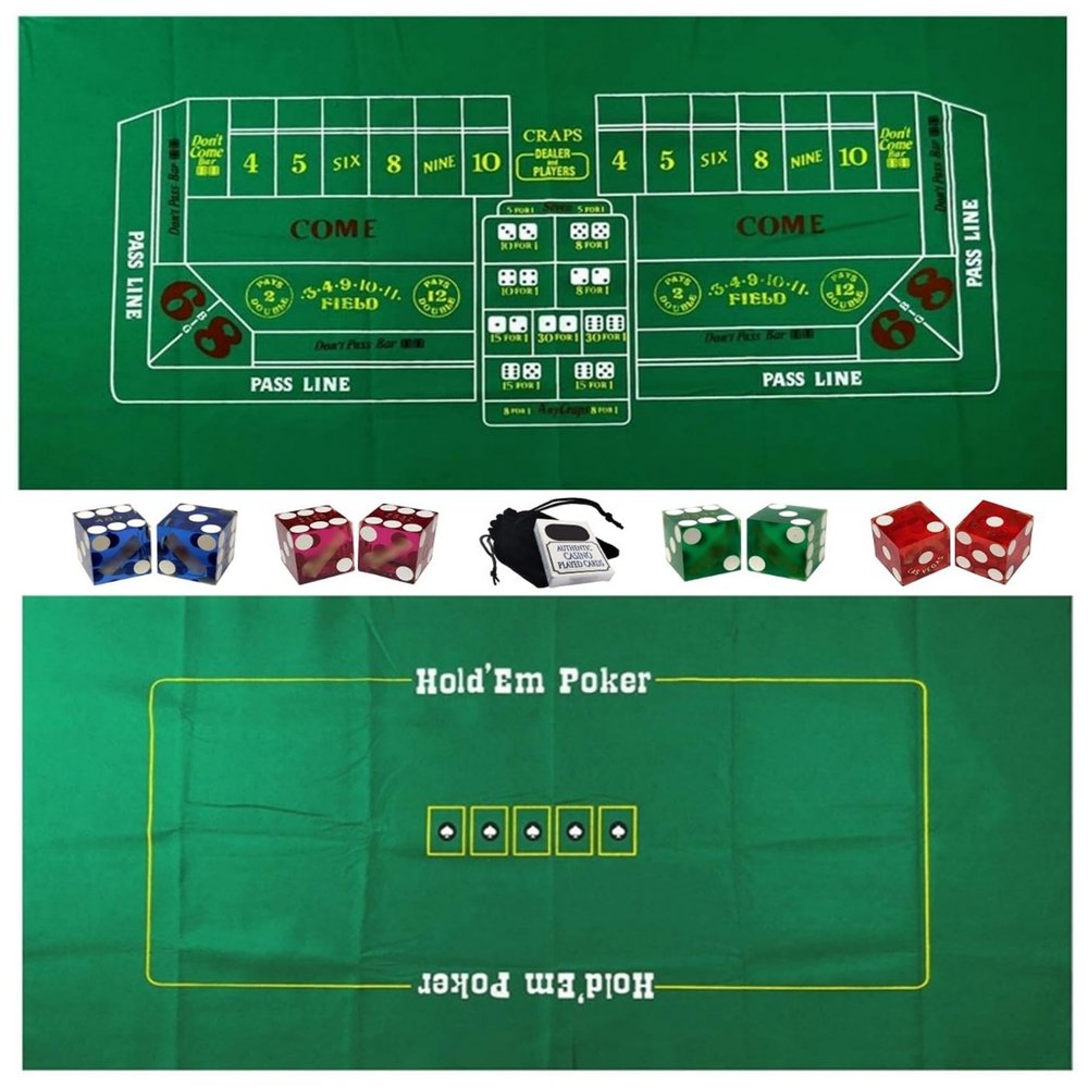 Craps & Texas Hold'em Poker Essentials Set: 2-Sided Felt Layout, Genuine Casino Table-Played Dice & Cards ... Plus Storage Pouch (Cyber-Deals Exclusive Bundle)