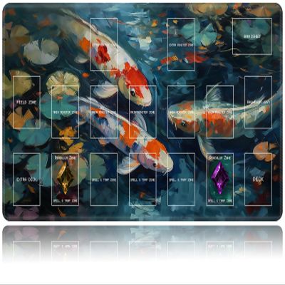 Playmat for OCG, Card Game Mat Non-Slip Rubber Base and Stitched, 24 x 14 in TCG Play Mat with Zones for CCG and Other Card Games, Pond Koi