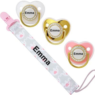 4Pcs, Personalized Pacifier with Name, Custom Pacifier Clip, Baby Gift for Newborn Boys and Girls, Baby Accessory Baby Stuff with Name (0-6 Months) (Rose Golden)
