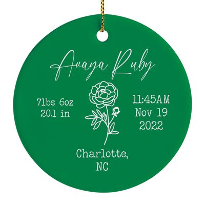 Newborn Ornament, Baby Girl First Christmas Ornament, Baby Monogram Ornament with Birth Flower and Birth Stats, Birth Announcement, Newborn Keepsake, Newborn Gift, New Mom Xmas Gift, Irish Green
