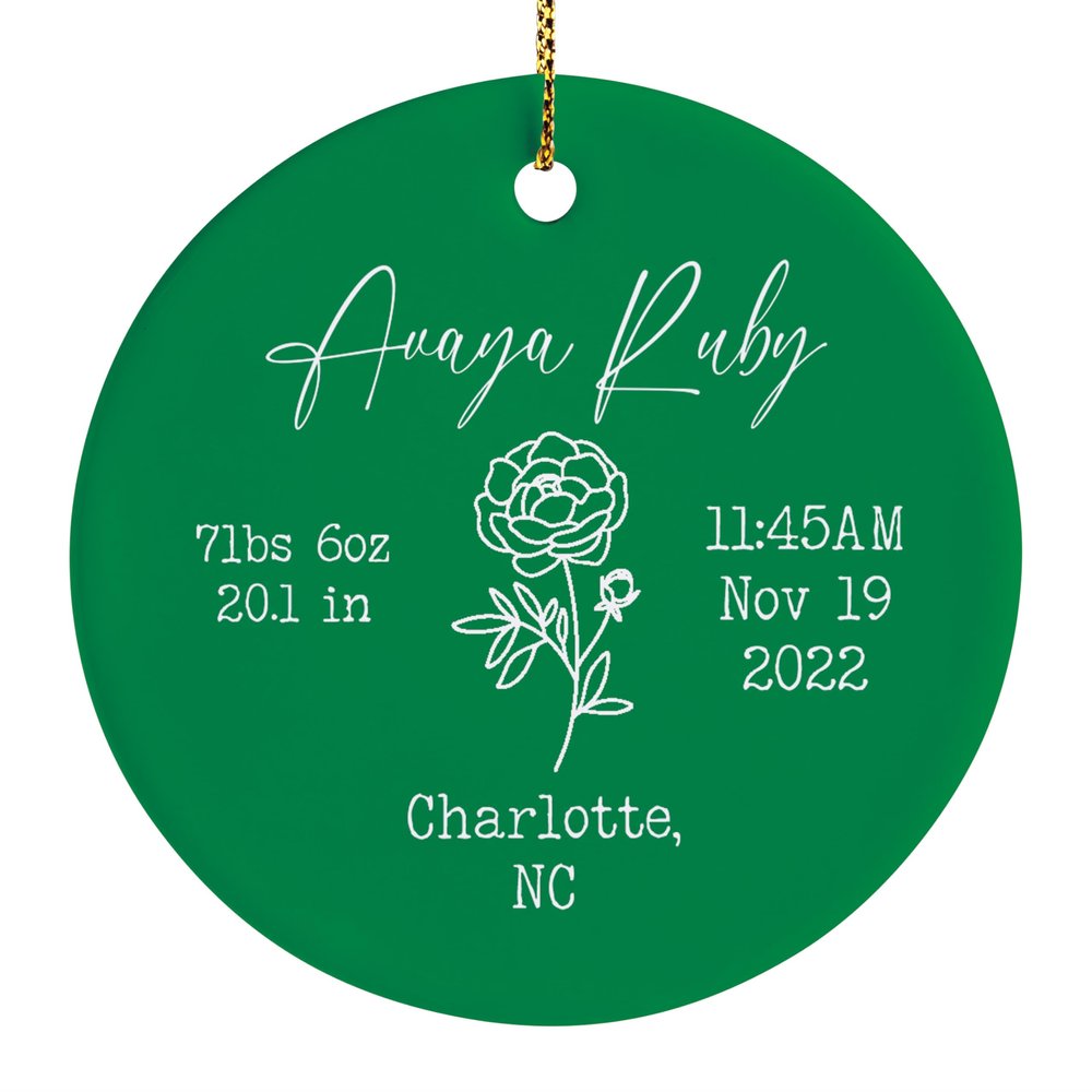 Newborn Ornament, Baby Girl First Christmas Ornament, Baby Monogram Ornament with Birth Flower and Birth Stats, Birth Announcement, Newborn Keepsake, Newborn Gift, New Mom Xmas Gift, Irish Green