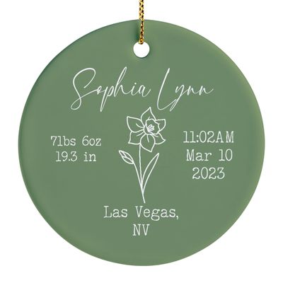 Newborn Ornament, Baby Girl First Christmas Ornament, Baby Monogram Ornament with Birth Flower and Birth Stats, Birth Announcement, Newborn Keepsake, Newborn Gift, New Mom Xmas Gift, Sage Green