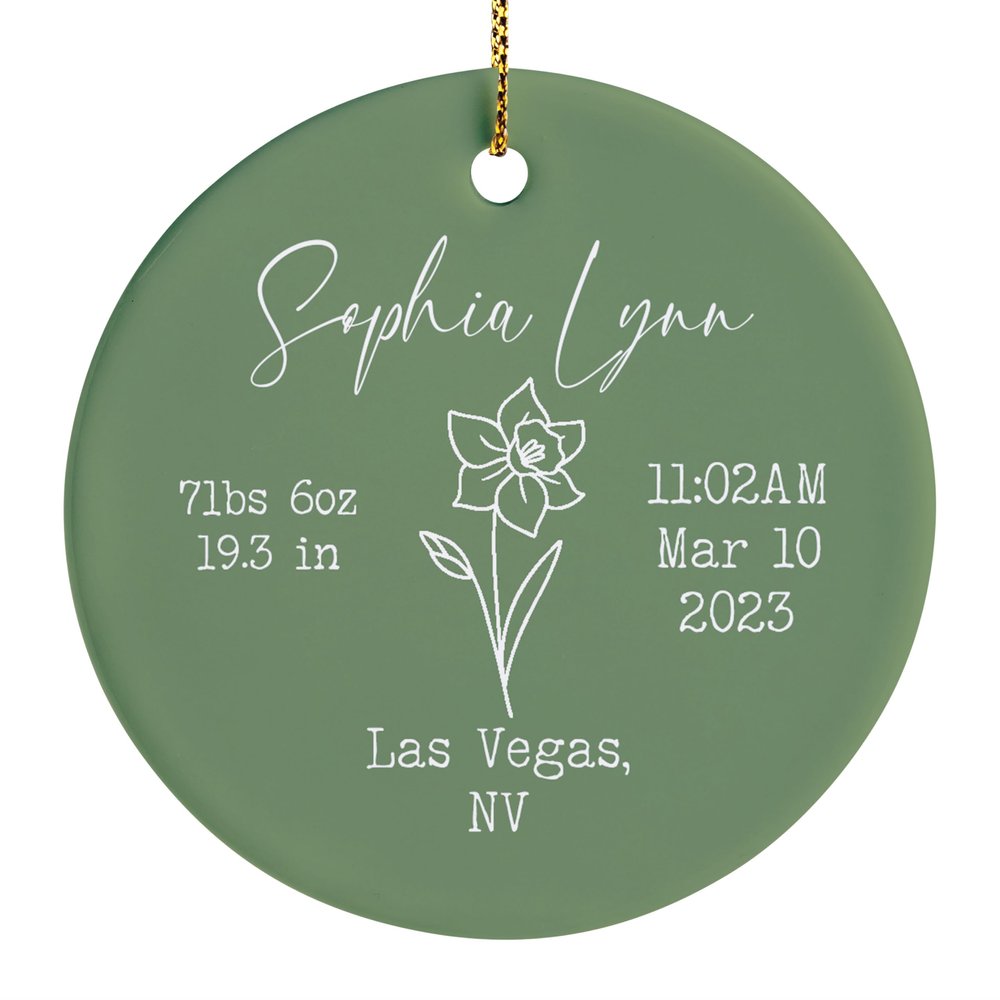 Newborn Ornament, Baby Girl First Christmas Ornament, Baby Monogram Ornament with Birth Flower and Birth Stats, Birth Announcement, Newborn Keepsake, Newborn Gift, New Mom Xmas Gift, Sage Green