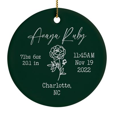 Newborn Ornament, Baby Girl First Christmas Ornament, Baby Monogram Ornament with Birth Flower and Birth Stats, Birth Announcement, Newborn Keepsake, Newborn Gift, New Mom Xmas Gift, Emerald Color