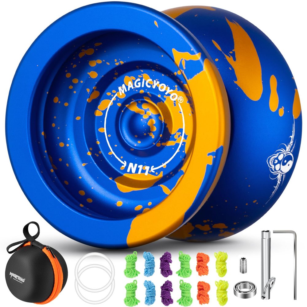 MAGICYOYO N11 Yoyo Professional Unresponsive Yo-yo for Kids, Pro Metal Yo Yo for Adults Advanced, Replacement Responsive Bearing for Beginner+12 Strings+Storage Case + Bearing Kit(Blue Gold)