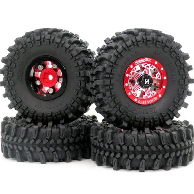 HOBBYSOUL RC 61mm Tall 1.0 Wheels and Tires, Soft Sticky 1.0 Mud Tires & Heavy 1.0 Beadlock Wheels Rims for RC Crawler 1/24 SCX24 FCX24 1/18 TRX4M Upgrade (Red)