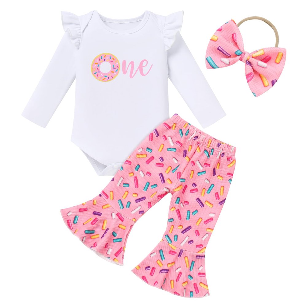 1 Year Old Girl Birthday Outfit Sweet One Birthday Outfit Girl Long Sleeve Donut Romper with Flare Pants Baby Donut Cake Smash Photo Shoot Outfits Pink Donut 12-18 Months