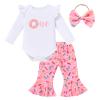 1 Year Old Girl Birthday Outfit Sweet One Birthday Outfit Girl Long Sleeve Donut Romper with Flare Pants Baby Donut Cake Smash Photo Shoot Outfits Pink Donut 12-18 Months view 2