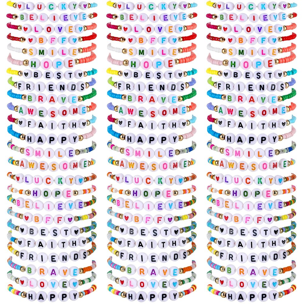 Ecation 96 Pcs Beaded Friendship Bracelets Bulk Inspirational Stretch Bracelets Y2k Colorful Cute Adjustable Jewelry for Rainbow Women Carnival Music Party Favors Friend Gifts(Classic)