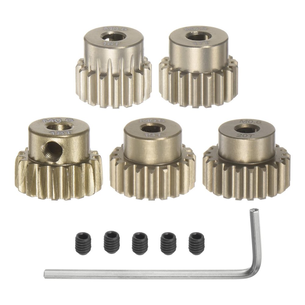 uxcell M0.6 Pinion Gear Set 3.175mm (1/8") Shaft 16T 17T 18T 19T 20T Aluminum Alloy Motor Gears with Step for 1/10 RC Car (5pcs)