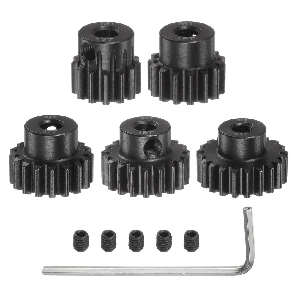 uxcell M1 Pinion Gear Set 5mm Shaft 13T 15T 17T 19T 21T Motor Gears Hardened Steel Spur Pinion Gear with Step for RC Car (5pcs)
