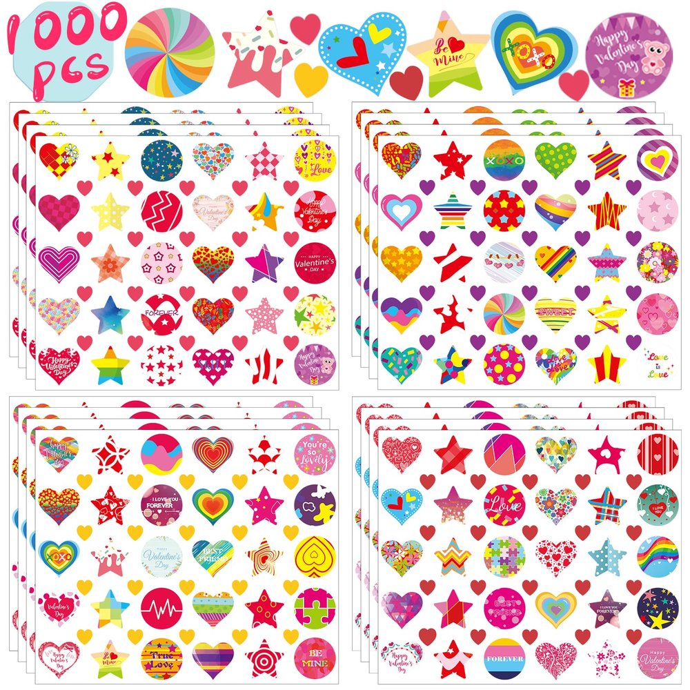 1000Pcs Valentine Stickers for Kids Valentines Party Favors Valentines Day Gifts for Kids Valentines Crafts for Classroom Card Valentines Heart Star Circle Stickers for Anniversaries Wedding 20 Sheets