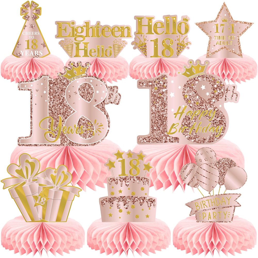 9Pcs 18th Birthday Decorations Pink Rose Gold Honeycomb Centerpieces for Girls,Happy 18th Birthday Table Centerpieces Party Supplies,Eighteen Year Old Birthday Table Toppers Decor