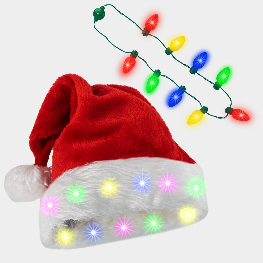 AndTree Light-up Plush Santa Hat with LED Bulb Necklace for Christmas Party Xmas Hat, Christmas Holiday (2pcs)