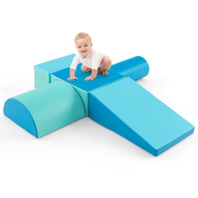 HONEY JOY 5-Piece Climb and Crawl Playset, Soft Climbing Foam Block Activity Play Structure Gym Equipment for Infant Baby, Color Coordination, Waterproof Indoor Climbing Toys for Toddlers (Blue)
