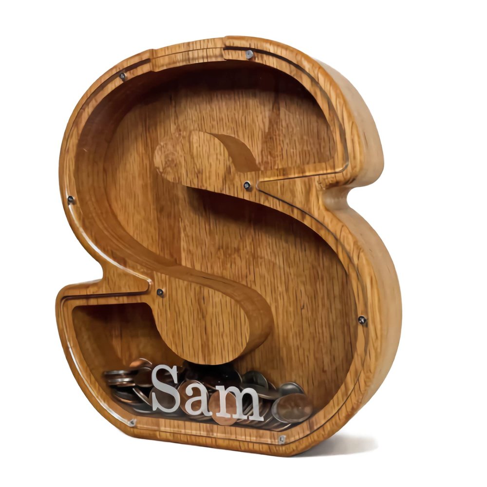 Personalized Name Wood Piggy Bank Gift Coin Bank, Laser Engraved Name 26 English Letters DIY DecorPractical Gifts for Birthday, Christmas (S.)