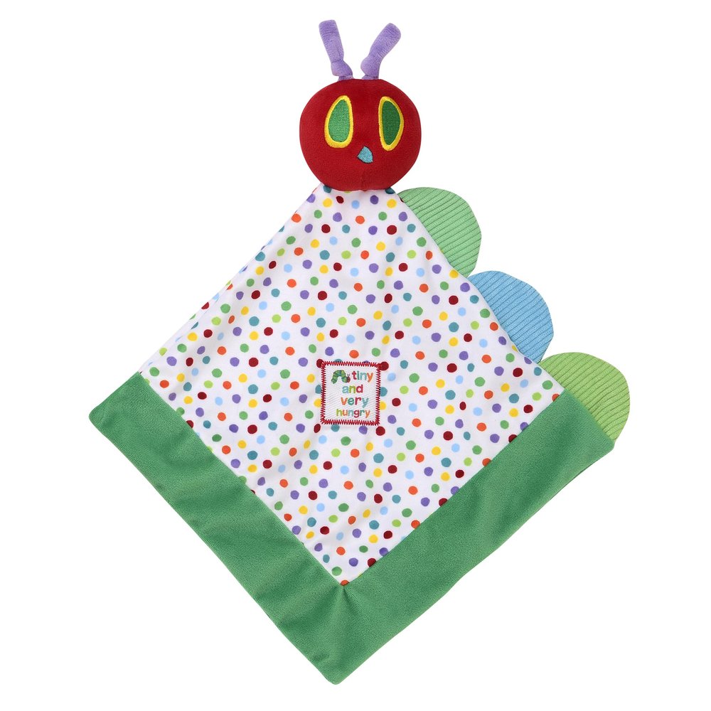 The Very Hungry Caterpillar Snuggle Blanket with Rattle and Crinkle, Green with Colorful Dot, 10 inch Square