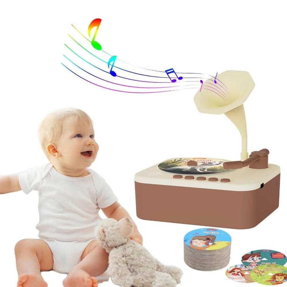 Retysaz Kids Phonograph with 96 Cards, Story Music Player for Kids 3-12 Musical Sensory Toy for boy Girl,Toddler Pre-Kindergarten Toy Early Childhood Education Birthday(Brown)