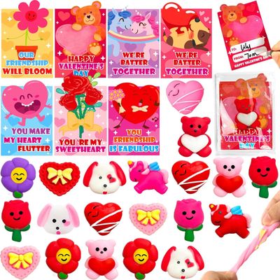 28 Pack Valentines Day Gifts for Kids Classroom School , Mochi Squishy with Valentines Day Cards , Kawaii Squeeze Stress Relief Fidget Toys Valentines Party Favors Exchange Prizes Toddlers Boys Girls