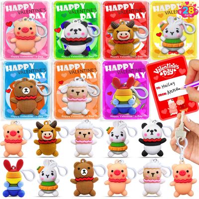 28 Pack Prefilled Valentines Day Gifts for Kids, 7 Styles Animal Keychains Toys with Valentines Day Card for Kids Teens Adults School Classroom Exchange Gift, Party Favors Supplies,Classroom Prizes