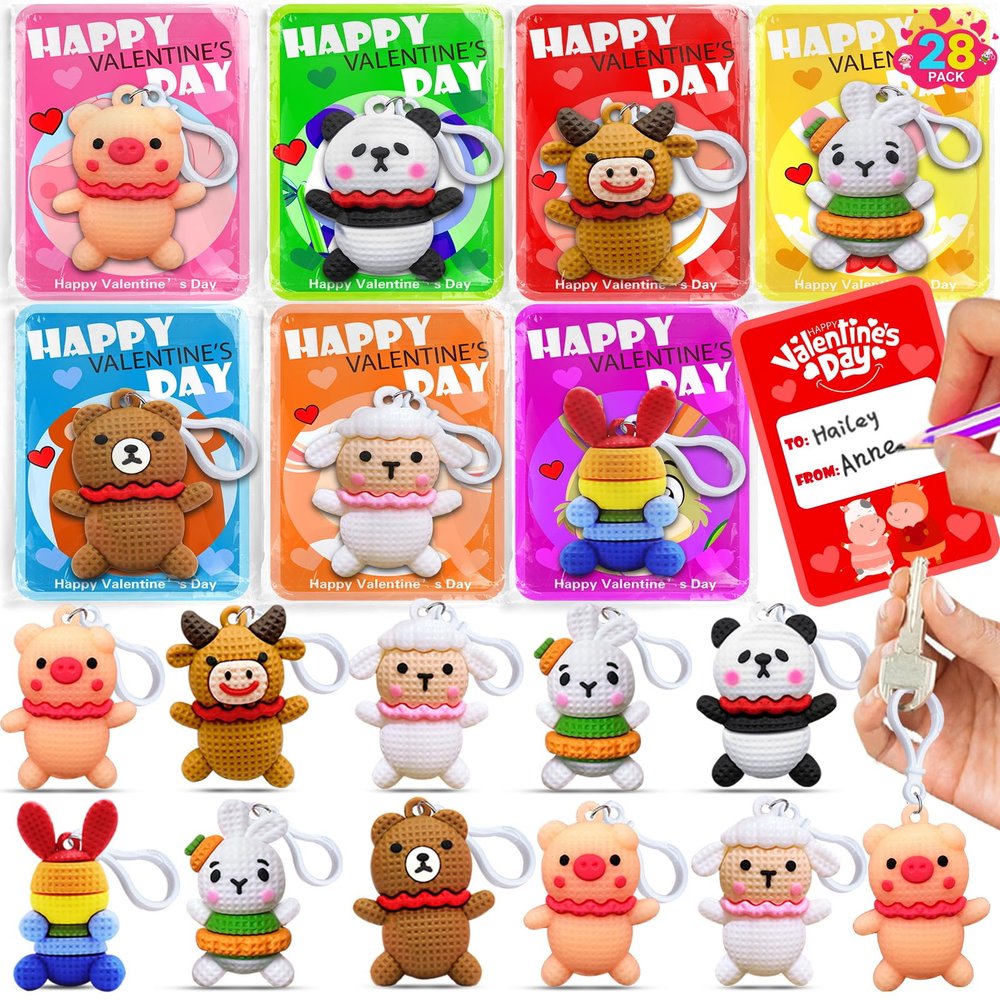 28 Pack Prefilled Valentines Day Gifts for Kids, 7 Styles Animal Keychains Toys with Valentines Day Card for Kids Teens Adults School Classroom Exchange Gift, Party Favors Supplies,Classroom Prizes