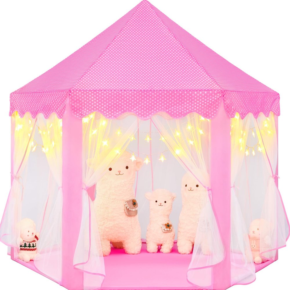 CUBNBUD Princess Tent for Girls Age 4-7 with Star Lights, Kids Play Tent for Girls Indoor, Castle Playhouse Tent for Toddlers, Pink Princess Toy Tent 55x53 inch
