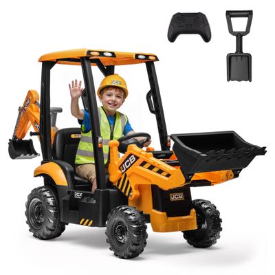 12V JCB Ride On Excavator with Remote Control, Kids Ride On Car 38, Front Loader & Backhoe Digging Arm, Tractor & Bulldozer Modes, Slow Start, Adjustable Speeds, Engine Start Sound (Yellow)