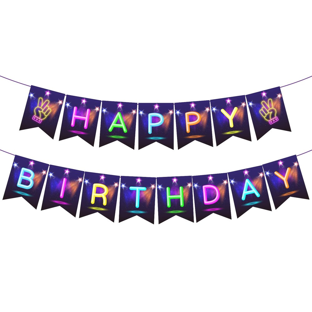CC HOME Glow Happy Birthday Banner, Glow Party Decoration, Glow in The Dark Letters Theme Party Supplies Boys Girls Kids Home Classroom Baby Showers Birthday Party Decorations Club Bar Hanging Flags